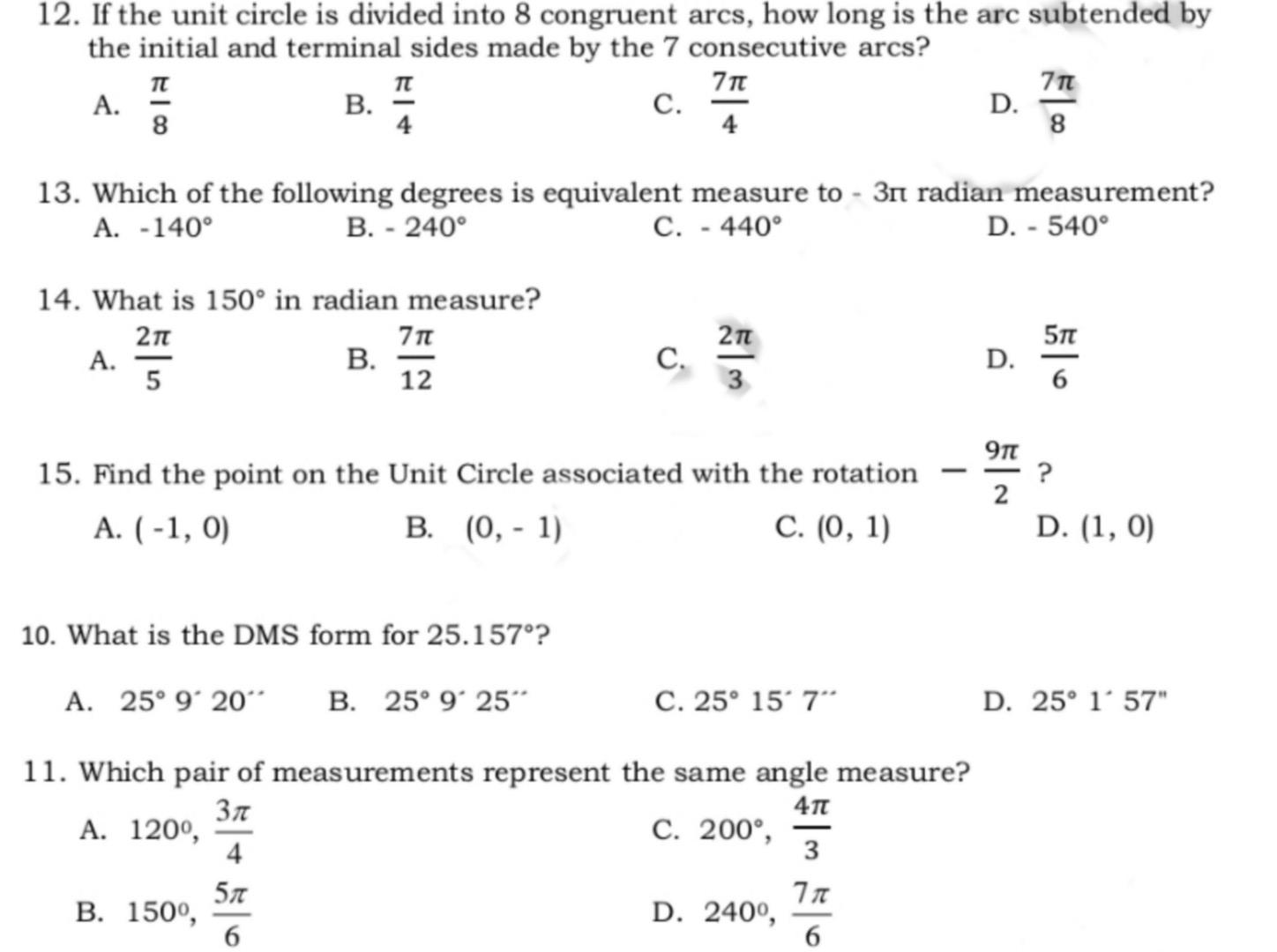 Solved 12. If the unit circle is divided into 8 congruent | Chegg.com