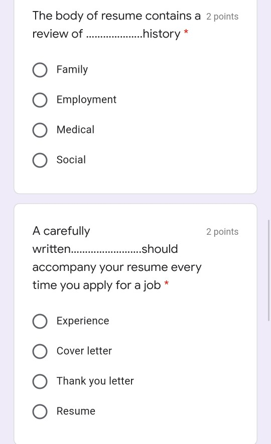 Solved The body of resume contains a 2 points review of | Chegg.com