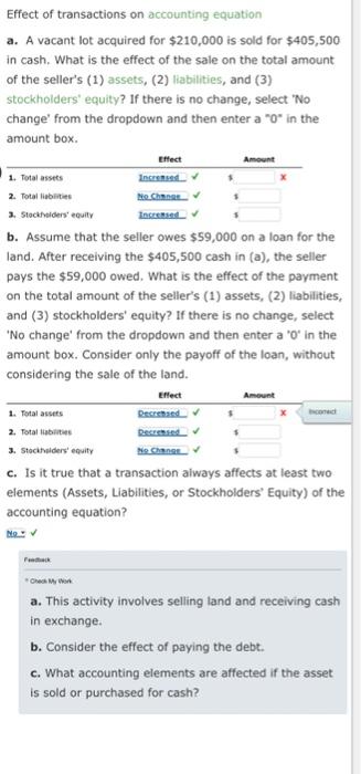 Solved Effect of transactions on accounting equation a. A | Chegg.com