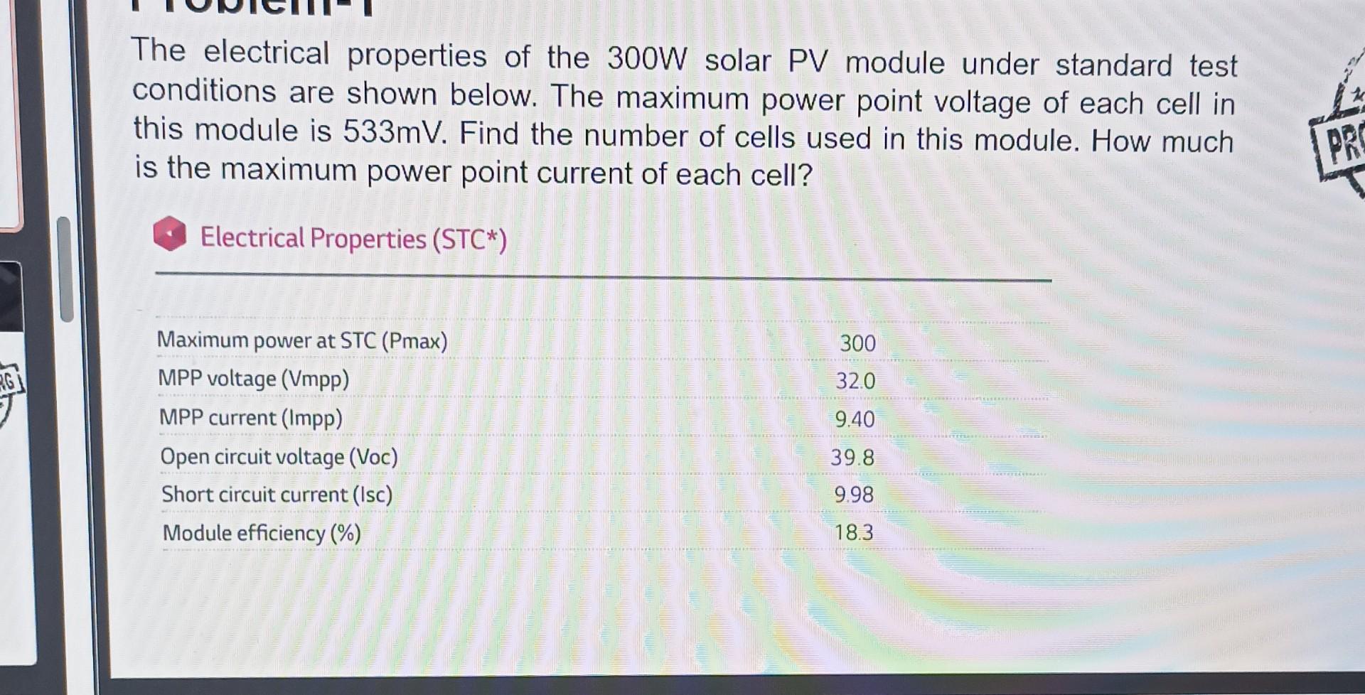 Solved The electrical properties of the 300 W solar PV