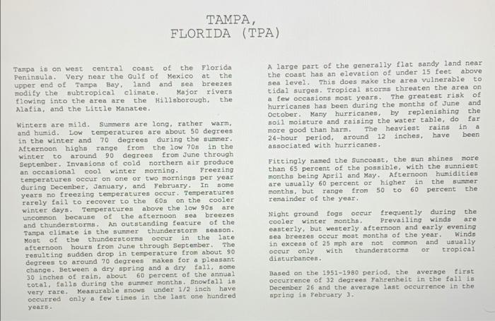 Solved TAMPA WEATHER AND CLIMATE The Purpose Of This Lab Is | Chegg.com