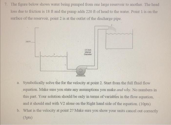 7. The figure below shows water being pumped from one large reservoir to another. The head loss due to friction is \( 18 \mat