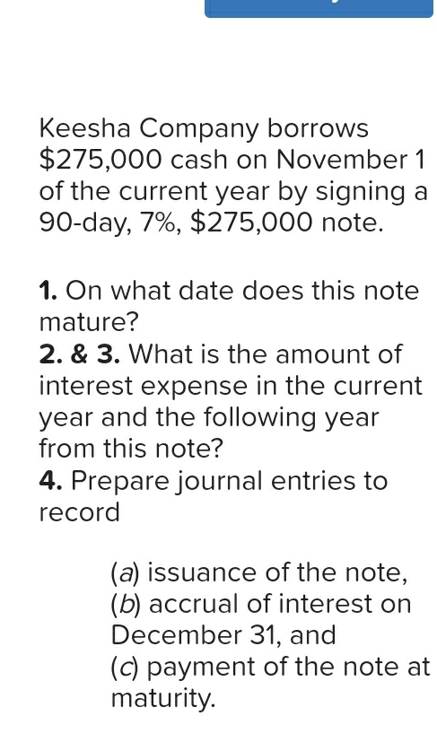 Solved Keesha Company borrows $275,000 ﻿cash on November 1 | Chegg.com