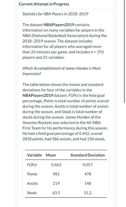 Solved Current Attempt in Progress Statistics for NBA | Chegg.com