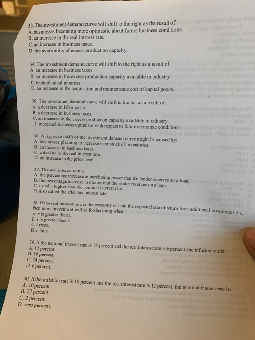 Solved 33. The investment demand curve will shift to the