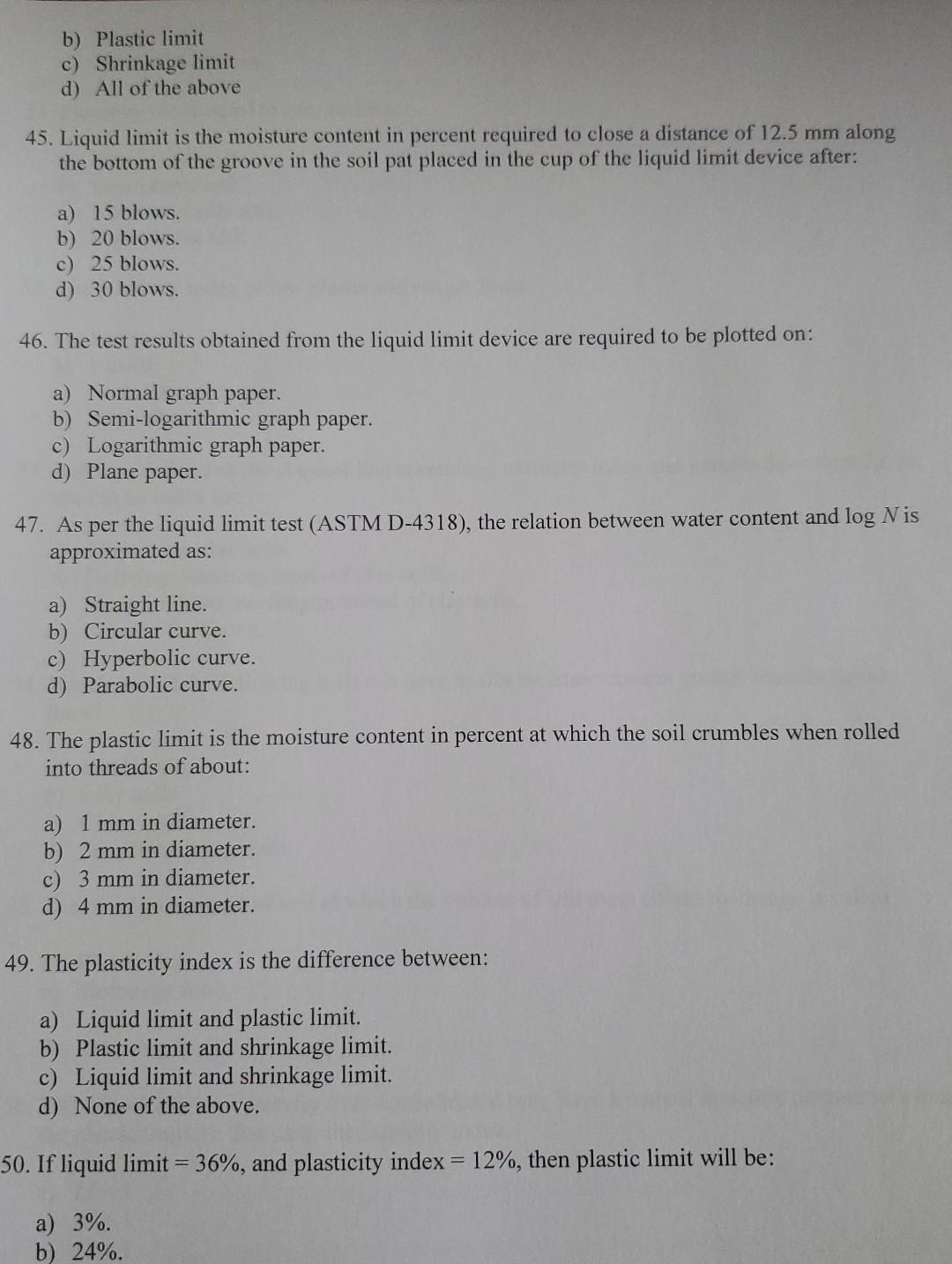 Solved b) Plastic limit c) Shrinkage limit d) All of the | Chegg.com