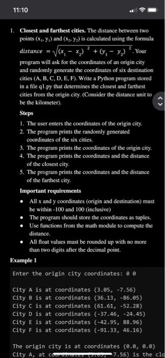 Solved 11:10 1. Closest and farthest cities. The distance | Chegg.com