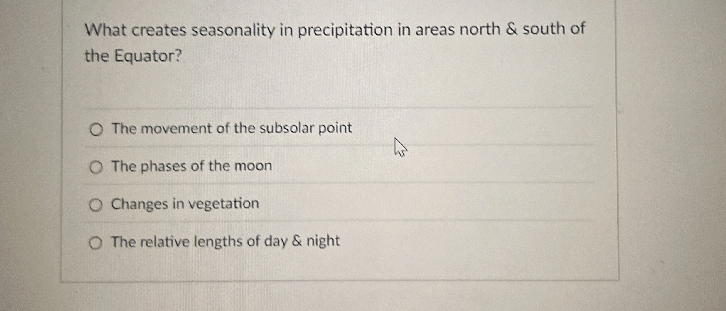 Solved What creates seasonality in precipitation in areas | Chegg.com