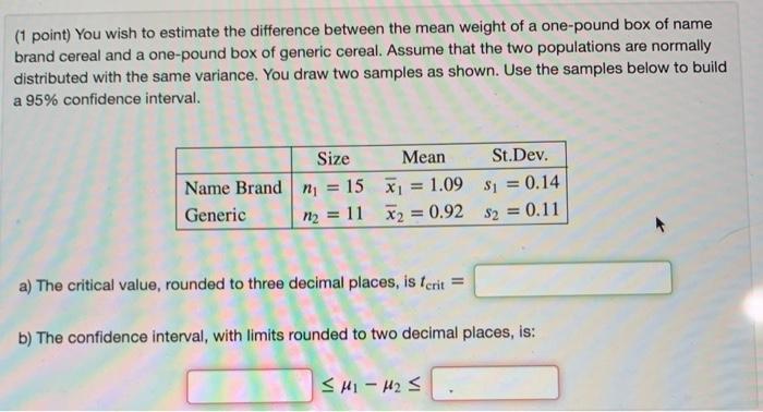 Solved (1 point) You wish to estimate the difference between | Chegg.com