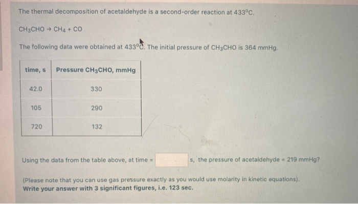 Solved The thermal decomposition of acetaldehyde is a | Chegg.com