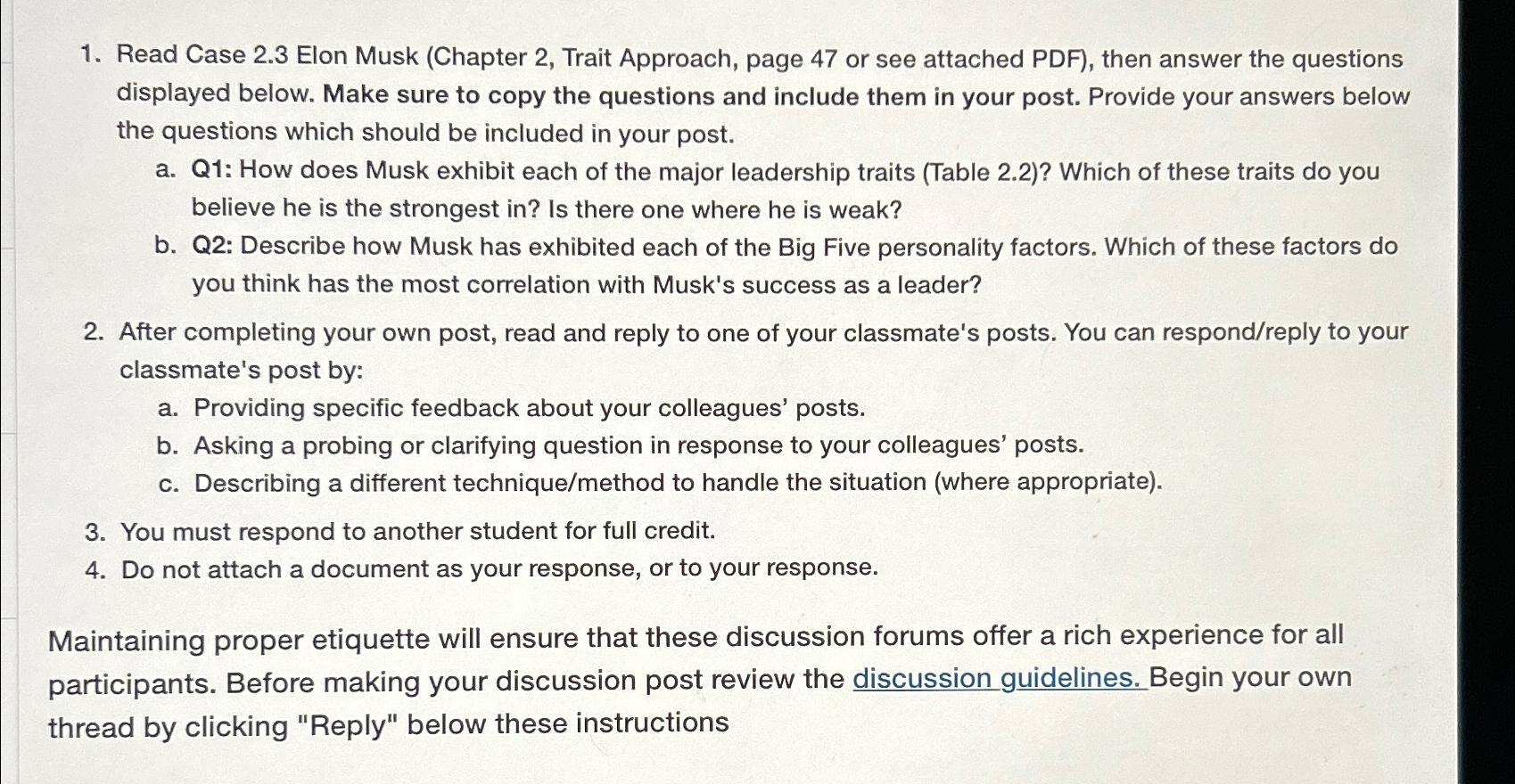 Solved Read Case 2.3 ﻿Elon Musk (Chapter 2, ﻿Trait Approach, | Chegg.com