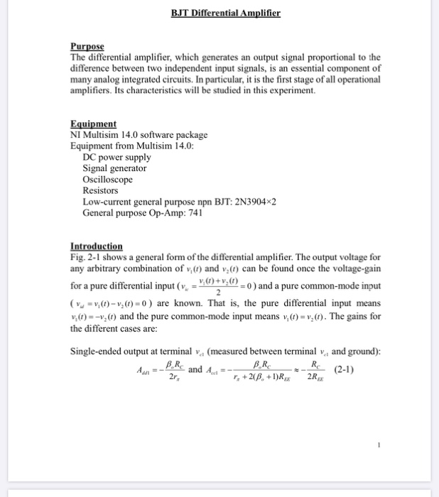BJT Differential Amplifier Purpose The differential