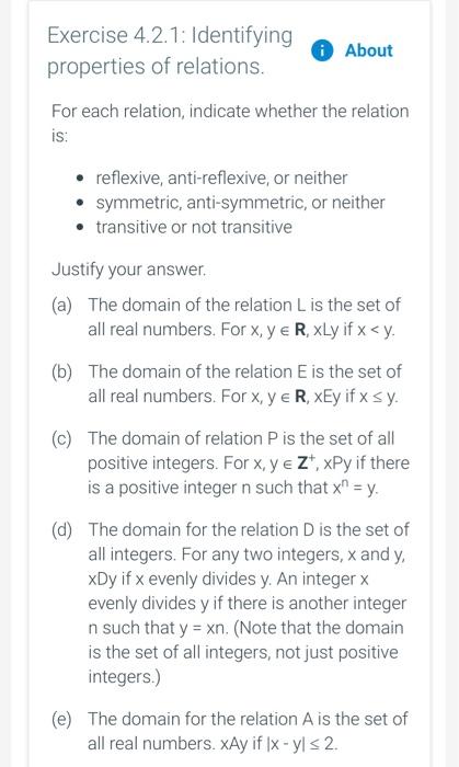 Solved Exercise 4.2.1: Identifying Properties Of Relations. | Chegg.com