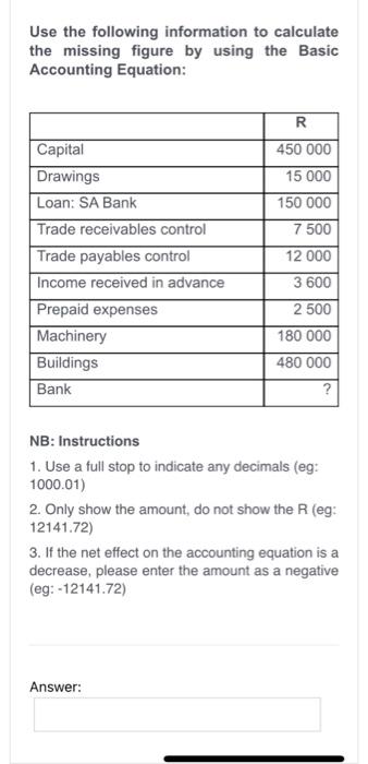 Solved Use The Following Information To Calculate The | Chegg.com