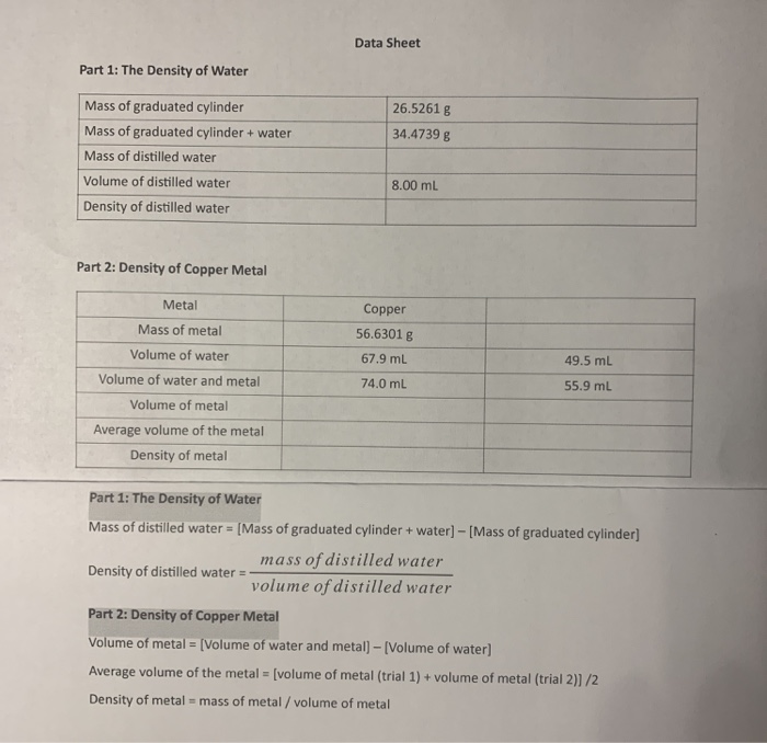 Solved Data Sheet Part 1 The Density of Water 26.5261 g