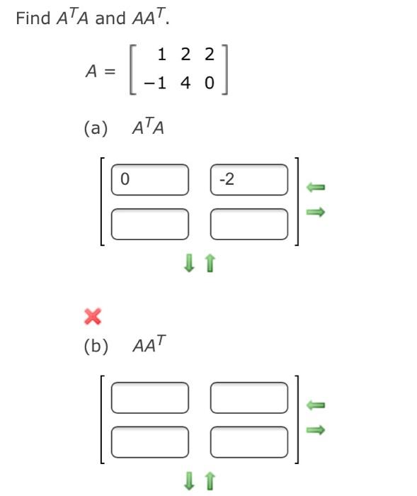 Solved Find ATA and AAT. 1 2 2 A = 1 -1 4 0 (a) ATA 0 -2 ☺ x | Chegg.com