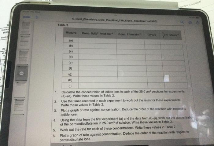 1. Calculate the concentration of iodide ions in each of the \( 25.0 \mathrm{~cm}^{7} \) solutions for eaxpuriments (a)-(e). 