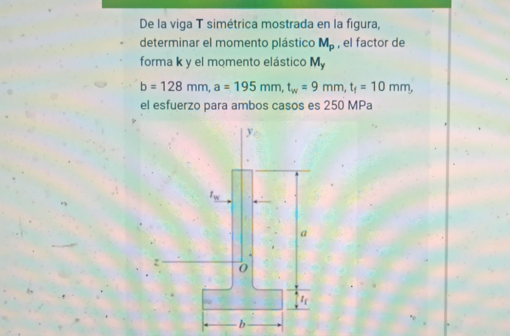 De la viga T simétrica mostrada en la figura, determinar el momento plástico \( \mathbf{M}_{\mathbf{p}} \), el factor de form