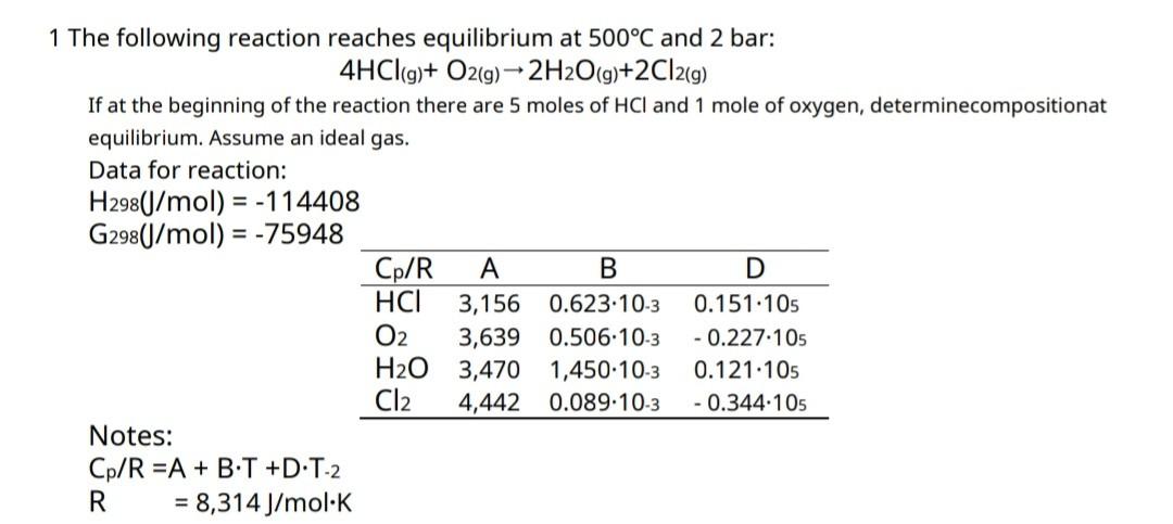 1 The following reaction reaches equilibrium at 500°C and 2 bar:
4HCl(g) + O2(g) ? 2H2O(g)+2Cl2(g)
If at the beginning of the