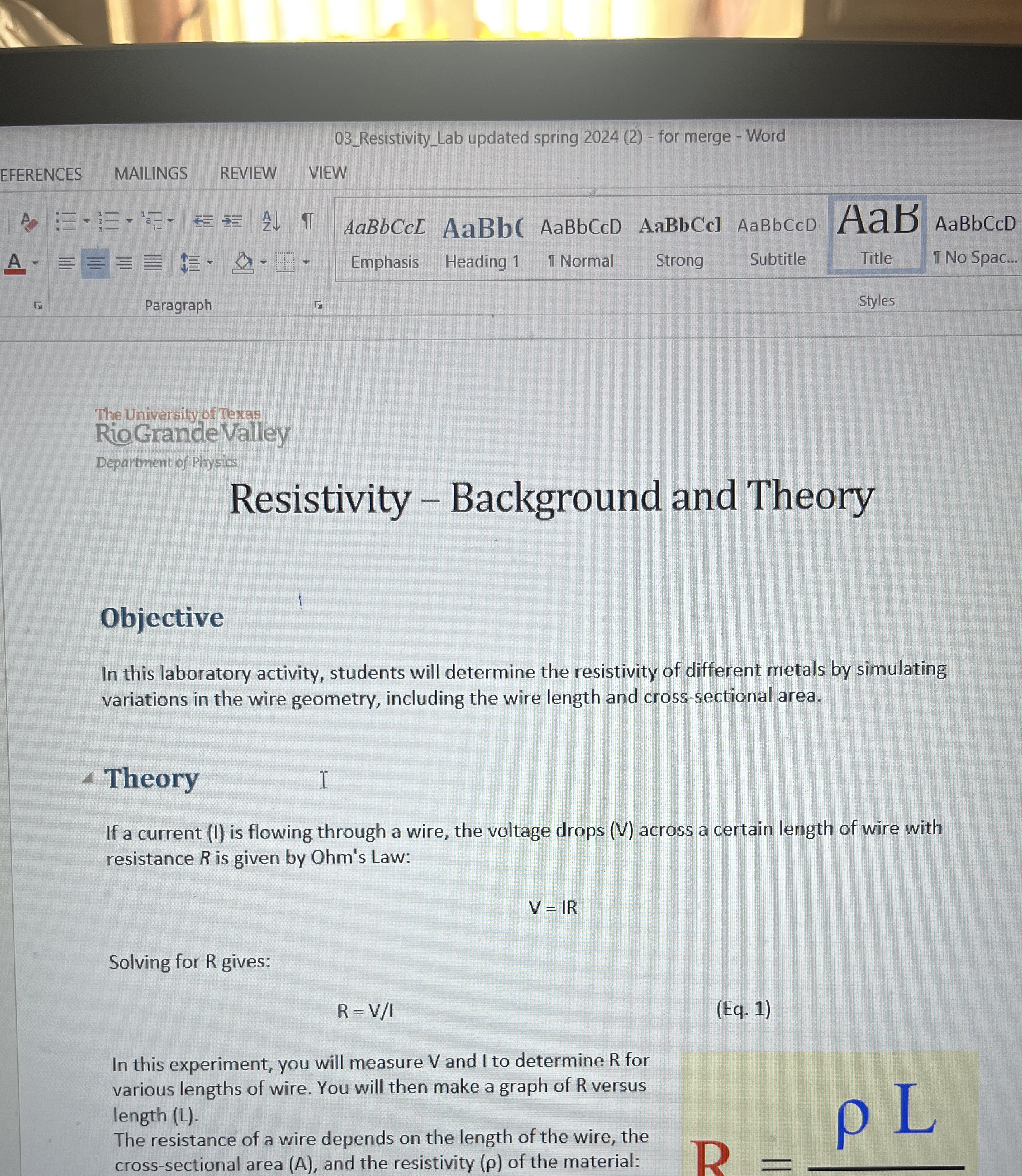 Solved 03_Resistivity_Lab updated spring 2024 (2) - ﻿for | Chegg.com