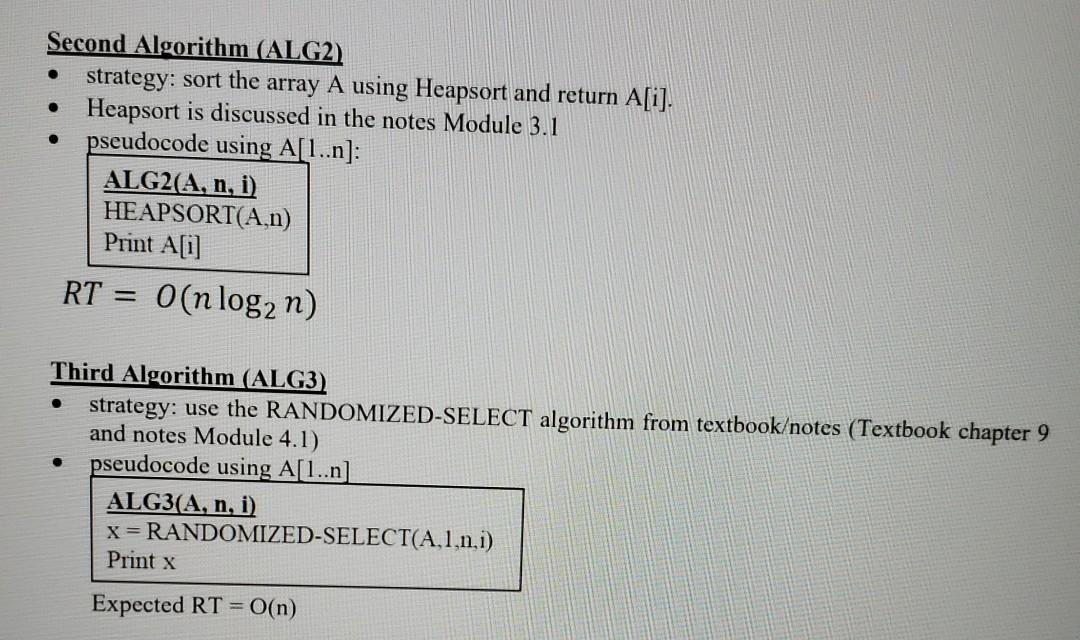 Solved . First Algorithm (ALG1) strategy: sort the array A | Chegg.com