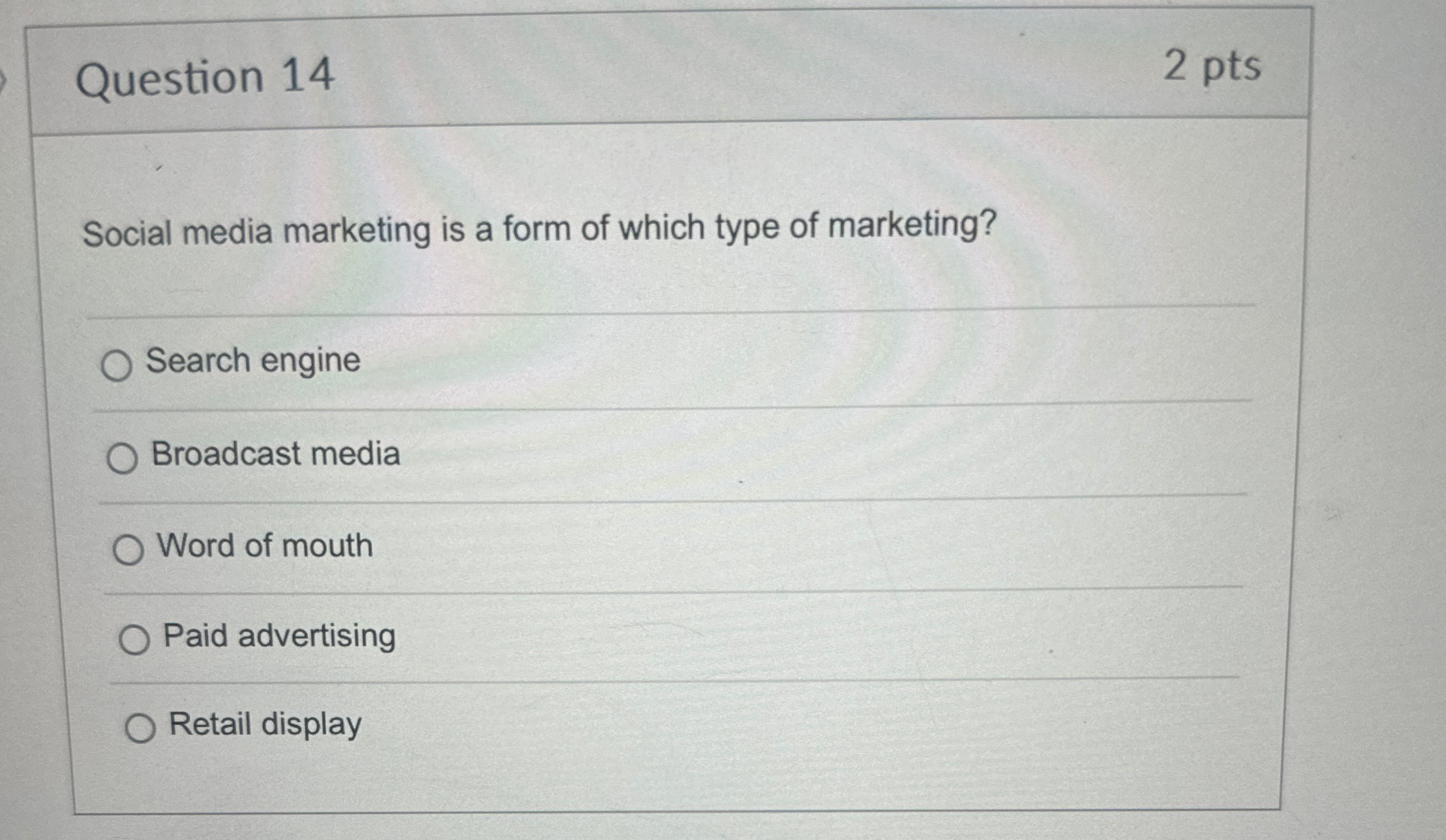 Solved Question 142 ﻿ptsSocial media marketing is a form of | Chegg.com