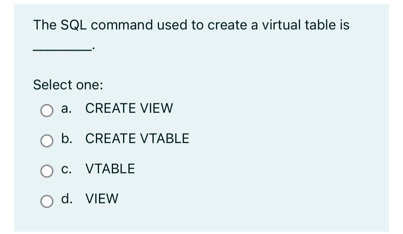 Solved The SQL command used to create a virtual table | Chegg.com