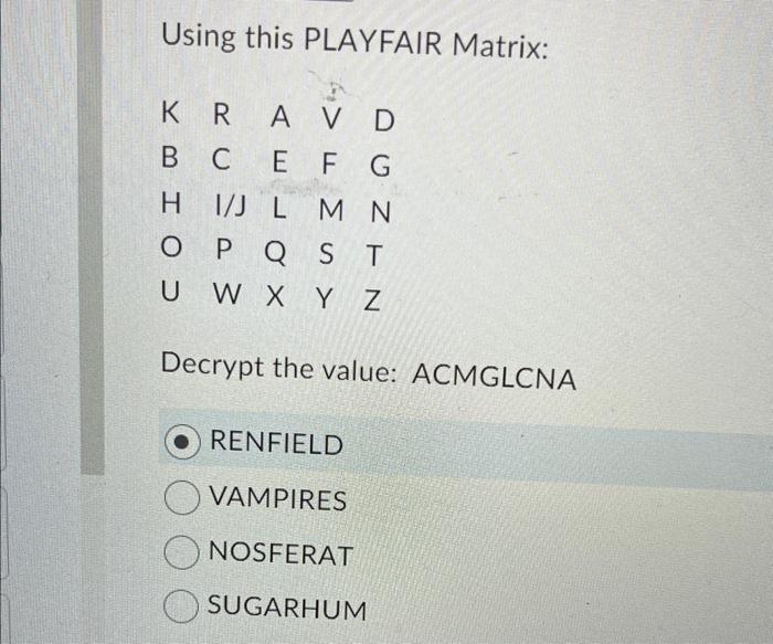 Solved Using This PLAYFAIR Matrix: Decrypt The Value: | Chegg.com