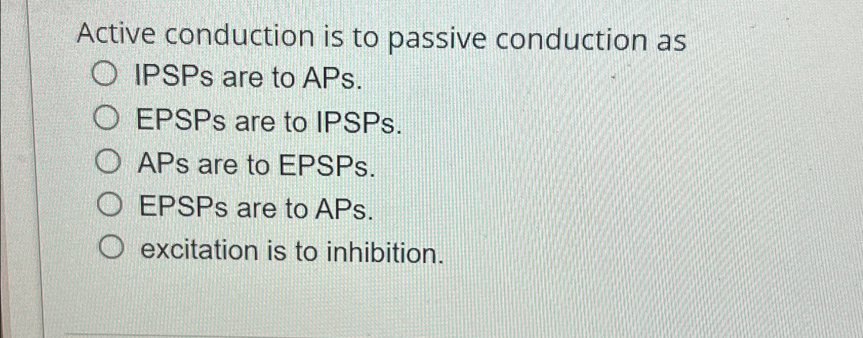 Solved Active conduction is to passive conduction as IPSPs | Chegg.com
