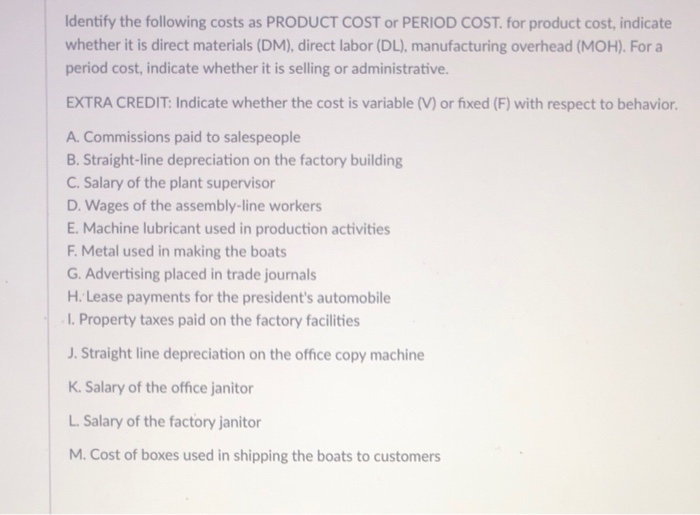 Solved Identify the following costs as PRODUCT COST or