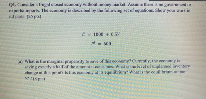 Solved Q1. Consider a frugal closed economy without money Chegg