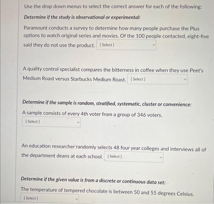 Solved Use The Drop Down Menus To Select The Correct Answer | Chegg.com