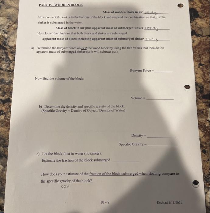 Solved PART IV WOODEN BLOCK Mass of wooden block in air