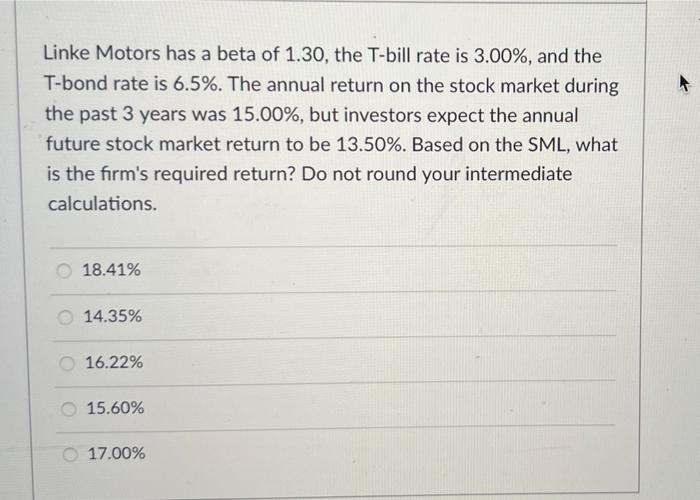 Solved Linke Motors has a beta of 1.30, the Tbill rate is