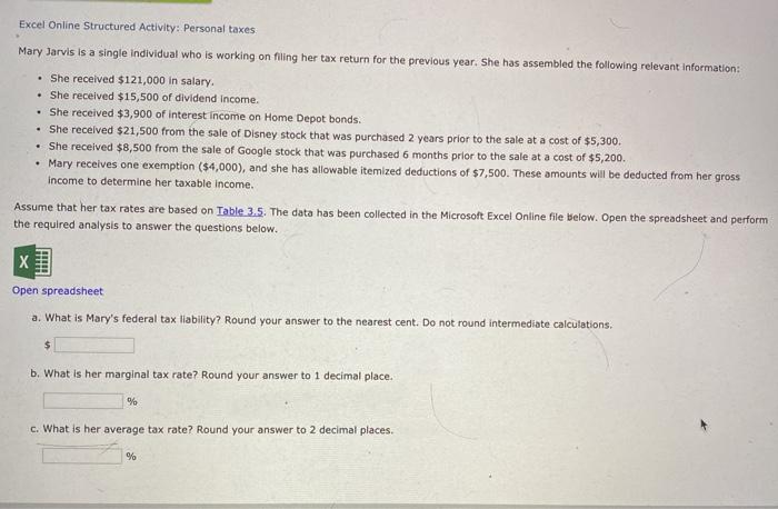 Solved Excel Online Structured Activity: Personal taxes Mary | Chegg.com