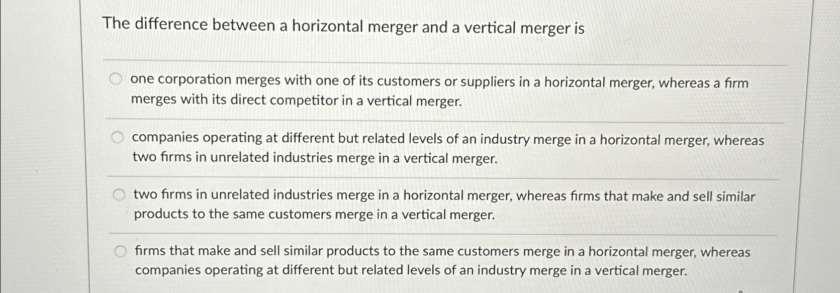 Solved The difference between a horizontal merger and a | Chegg.com
