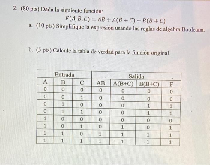 ( 80 pts) Dada la siguiente función: \[ F(A, B, C)=A B+A(B+C)+B(B+C) \] a. (10 pts) Simplifique la expresión usando las regla