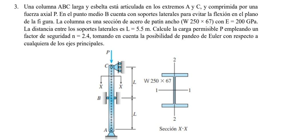 Una columna \( \mathrm{ABC} \) larga y esbelta está articulada en los extremos A y \( \mathrm{C} \), y comprimida por una fue