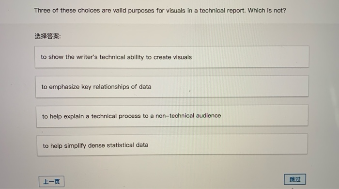 Three of these choices are valid purposes for visuals in a technical report. Which is not? *** to show the writers technical