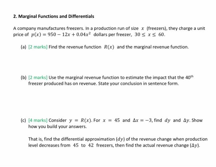 Solved 2 Marginal Functions And Differentials A Company Chegg Com