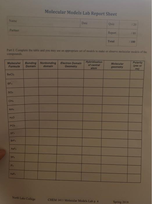 Solved Molecular Models Lab Report Sheet Name Date Qur