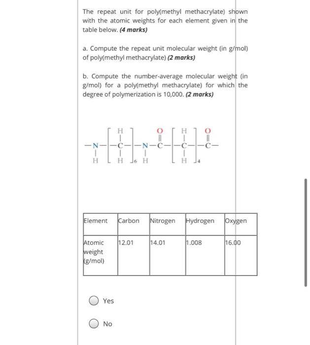 Solved The repeat unit for poly(methyl methacrylate) shown