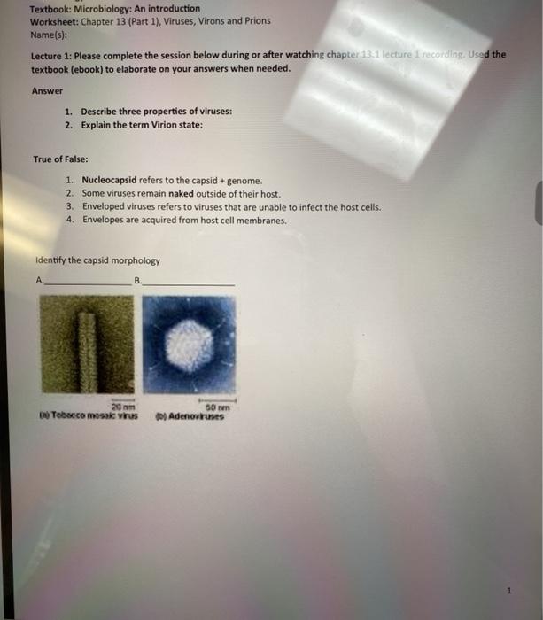 Solved Textbook: Microbiology: An introduction Worksheet: