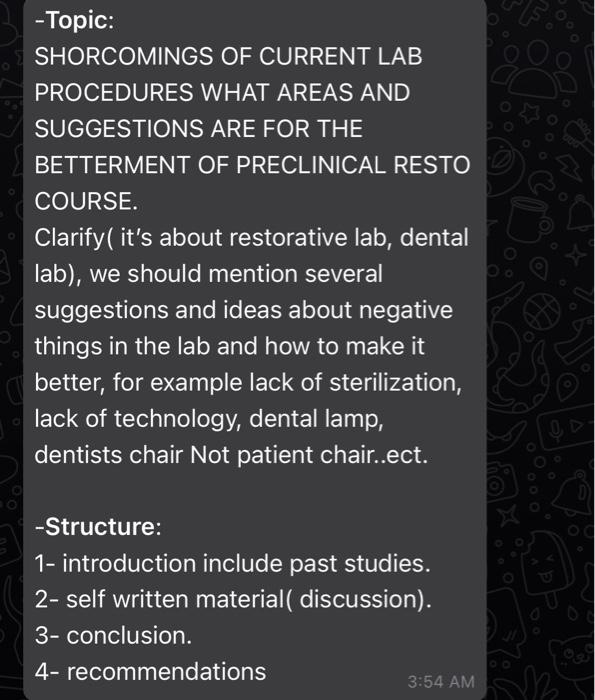 -Topic: SHORCOMINGS OF CURRENT LAB PROCEDURES WHAT AREAS AND SUGGESTIONS ARE FOR THE BETTERMENT OF PRECLINICAL RESTO COURSE.