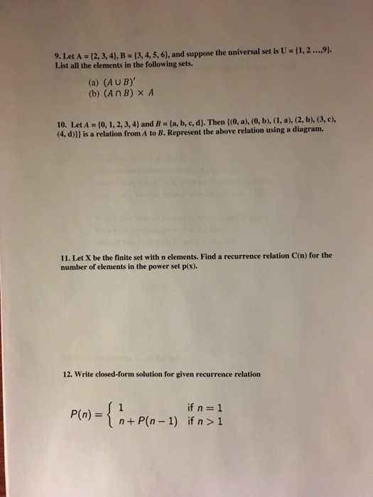 Solved 9 Let 2 3 4 B 3 4 5 6 Suppose Universal Set U 1 2 9 List Elements Following Sets Aub B An Q