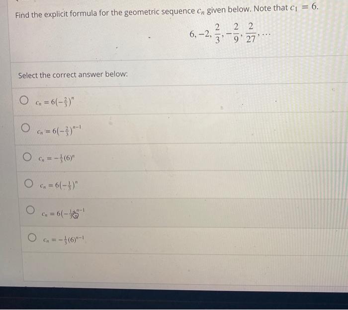 Solved Find the explicit formula for the geometric sequence | Chegg.com