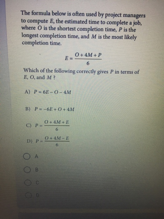 Solved The formula below is often used by project managers | Chegg.com