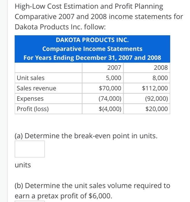 Solved HighLow Cost Estimation and Profit Planning