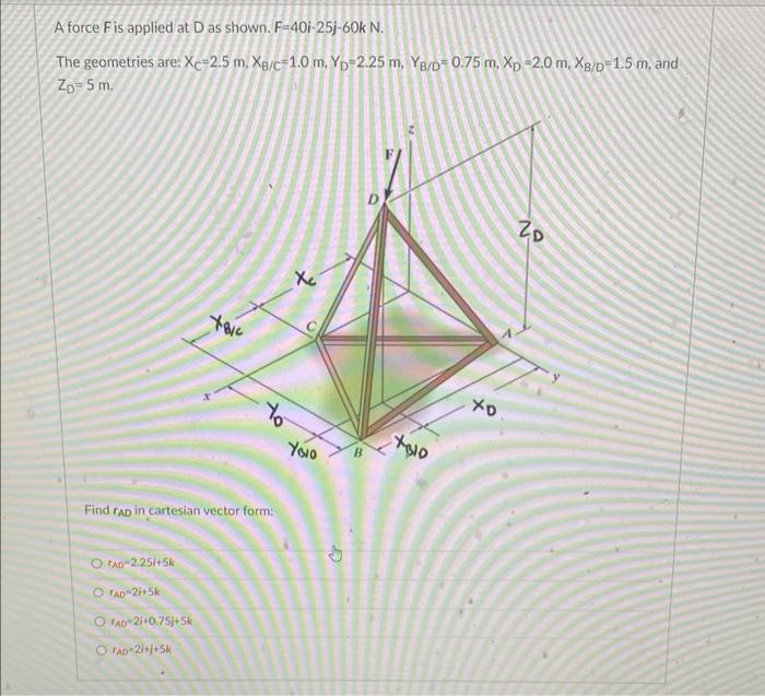 Solved A Force F Is Applied At D As Shown F 40i 25j 60kN Chegg
