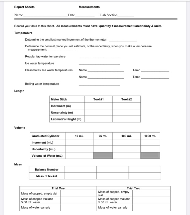 Solved Report Sheets Measurements Name Date Lab Section
